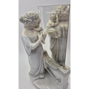 "mother And Child In Front Of A Mirror," Glazed Porcelain, Evokes The German Modern School.