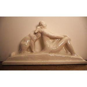 French Art Deco School "elegant Woman With Greyhound", Crackled, Signed
