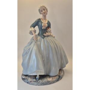 Royal Dux Bohemia, "young Woman In A Hooped Dress With A Dog", Glazed Porcelain