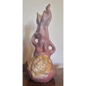 Polychrome Enamelled Ceramic Bottle Signed Below Jerome Massier In Vallauris
