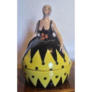 Elegant Woman In A Flowery Dress Polychrome Enamelled Porcelain Box Limoges France