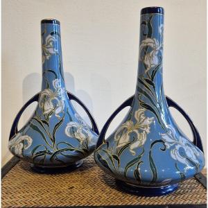 Pair Of Emile Diffloth Vases In Turquoise Ceramic With Iris Decoration Enhanced By Gilding