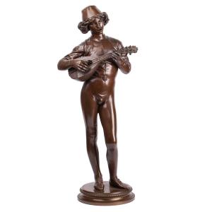 An Antique Bronze Sculpture “florentin Singer” By Paul Dubois (1829 – 1905)