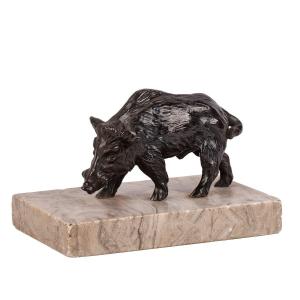 A Small Bronze Figure Of A Wild Boar On A Stone Support