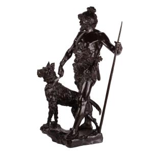Bronze Sculpture Robinson With Dog, France, Circa 1900, Marcel Début