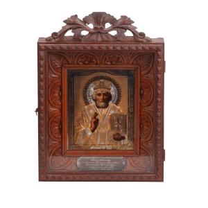 Memorial Icon Of Saint Nicholas (nicholas Of Winter) In A Silver Oklad And Wooden Kiot Moscow,