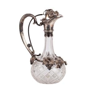 19th Century European Cut Crystal Claret Jug With Silver Mounts, Decorated With Naturalistic Vi