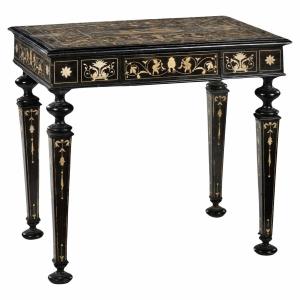 Italian Table In Ebonized Wood And Engraved Marquetry, 19th Century Milan, Italy