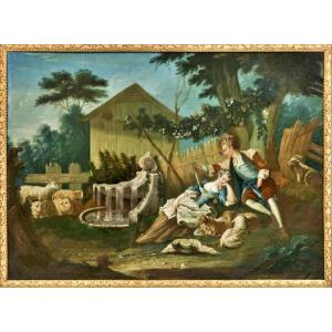 Gallant Scene Oil On Canvas, French School, 18th Century.