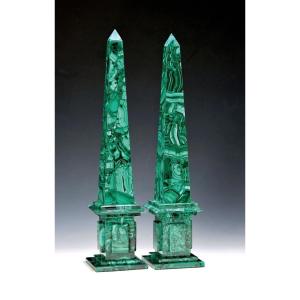 Pair Of Malachite Obelisks (russia) Early 20th Century