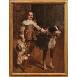 Spanish School, 19th Century. Title: "dwarf With Dog". Copy Of Diego Velázquez.
