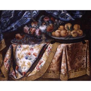 Antonio Gianlisi, 17th Century "still Life With A Plate Of Peaches, Flowers And Draperies"