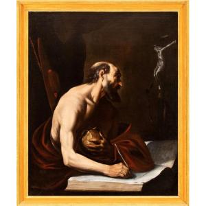 A Caravaggesque Artist Active In Naples During The First Half Of The 17th Century. "saint Jerome Writing"