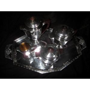 Art Deco Tea Coffee Service Silver Metal Rosewood Tray And Four Pieces