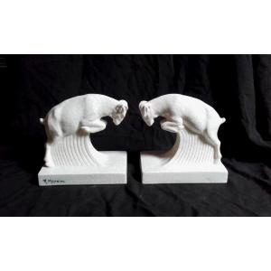 Art Deco Ibex Bookends Cracked Earthenware R Meynial
