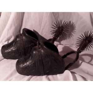Pair Of Stirrups With Spurs Carved Wood Wrought Iron