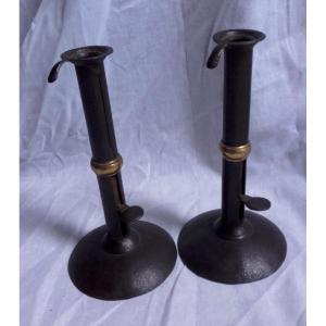 XVIII Pair Of Wrought Iron Candlestick With Brass Ring