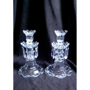 Pair Of Saint Louis Crystal Tassel Candle Holders Signed