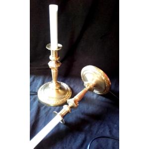 Pair Of Bronze Candlesticks Eugène Hazart Paris Mounted As A Lamp