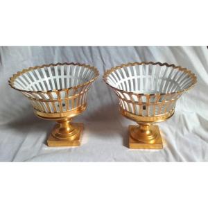Pair Of White And Gold Porcelain Basket Cups