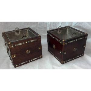 Pair Of Small Mahogany And Mother-of-pearl Planters