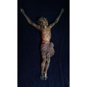 XVIII Large Christ With A Crown In Carved Wood, Formerly Gilded