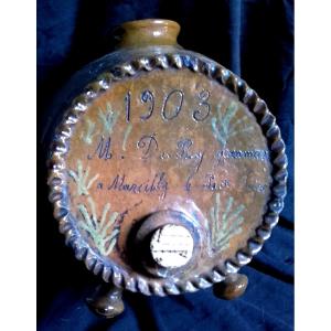 Folk Art Glazed Terracotta Vinegar Cruet, Surnamed, Dated And Located