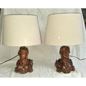 Pair Of Renaissance Carved Wooden Lamps
