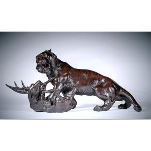 Japanese Bronze By Akimitsu - Tiger Attacking A Stag