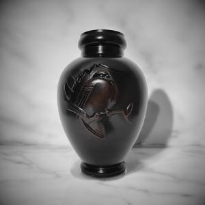 Japanese Bronze - Vase Signed Nanto - Bird On A Branch