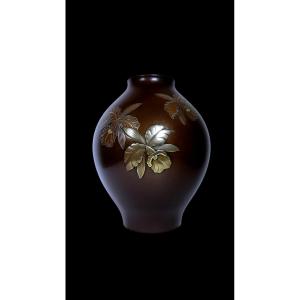 Japanese Bronze By Takano Ryoichi : Vase Decorated With Cattleya (orchid) Motifs In Silver