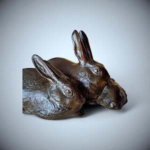 Japanese Bronze Sculpture By Misawa Hiroshi: Three Rabbits
