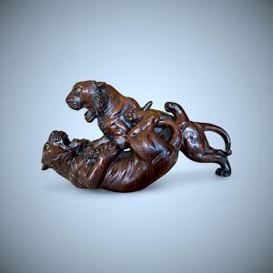 Bronze Japonais Genryusai Seiya - Two Tigers In Combat