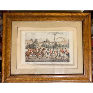 1 English Engraving, Fox Hunt 1837, Original Frame, English Speckled Maple
