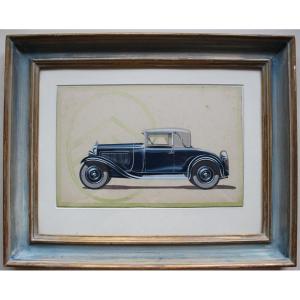 "citroen C4f Cabriolet Convertible 2 Places" Original Art Deco Gouache