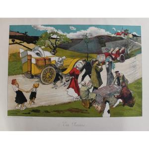 Louis-lucien Faure Dujarric "in Breakdown" Color Lithograph 1903 Automobile Imp. Deer