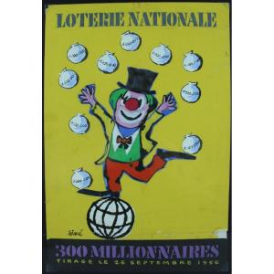 Siné "national Lottery" Original Gouache, Unpublished Poster Project Signed And Dated From 1956