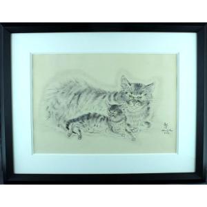 Léonard Tsuguharu Foujita - Cat And Kitten (1931) Original Print In Colors Framed