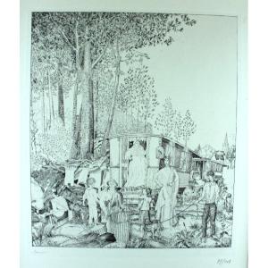 Jean-emile Laboureur "the Bohemian Halt" (loire-atlantique) - 1938 Large Orig. 77/108