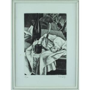 Paul Lemagny "still Life With Bread, Onion And Wine" Original Chisel Signed & Num. 38/40