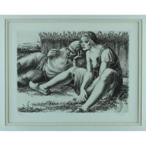 Paul Lemagny "idyll In The Wheat Field" Original Burin On Vellum Signed & Numbered 22/40