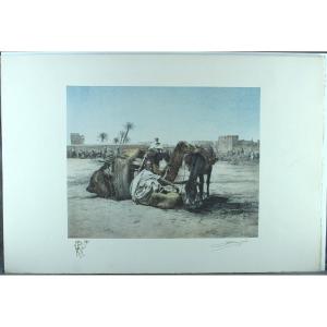 Alfred Broquelet "merchants In Marrakech Morocco" Original Lithograph In Colors Signed 1929