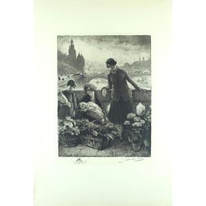 Jacques Schultz-dal "flower Merchants In The City" Original Etching Signed 1927 Paris