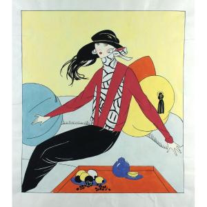 Women's Fashion Large Original Art Deco Gouache 45 X 32 Cm Garçonne Dress #13