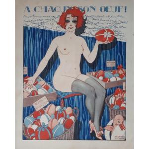 Couderc Fernand - To Each His Own Egg! Original Watercolor And Gouache With An Art Deco Spirit