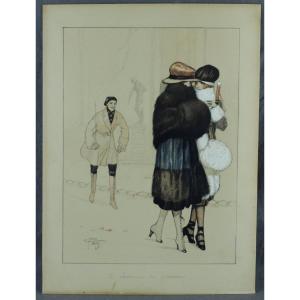 Jean Tam "the Fur Hunter" Large Original Art Deco Drawing Signed Ca 1918