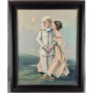 Louis Morin "pierrot And Colombine" Large Original Pastel Signed Under Glass And Framed Ca 1900