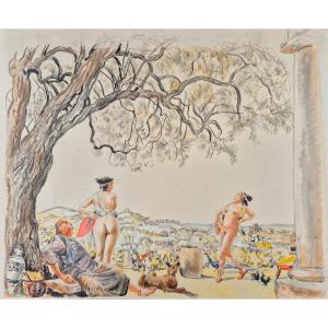 Rojan (rojankovsky, Known As) "mythological Scene" Large Original Watercolor 40 X 32 Cm Signed 1939