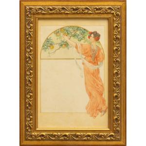 Original Art Nouveau Watercolor: "eve Or The Forbidden Fruit" Menu Project Dlg Elisabeth Sonrel