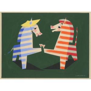 Original Gouache: Jean Jacquelin "colorful Zebra For Cinzano" Signed Model 23.5 X 31 Cm